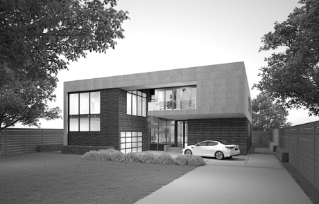 A black and white rendering of a house with a car parked in front.