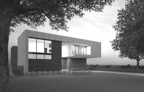 A black and white rendering of a house