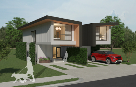 A rendering of the front of a house with two levels.