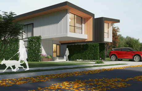 A rendering of a house with a car parked in front.