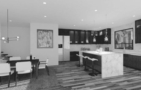 A black and white photo of a kitchen with a dining table.