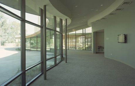 A large open room with many windows and a carpet floor.