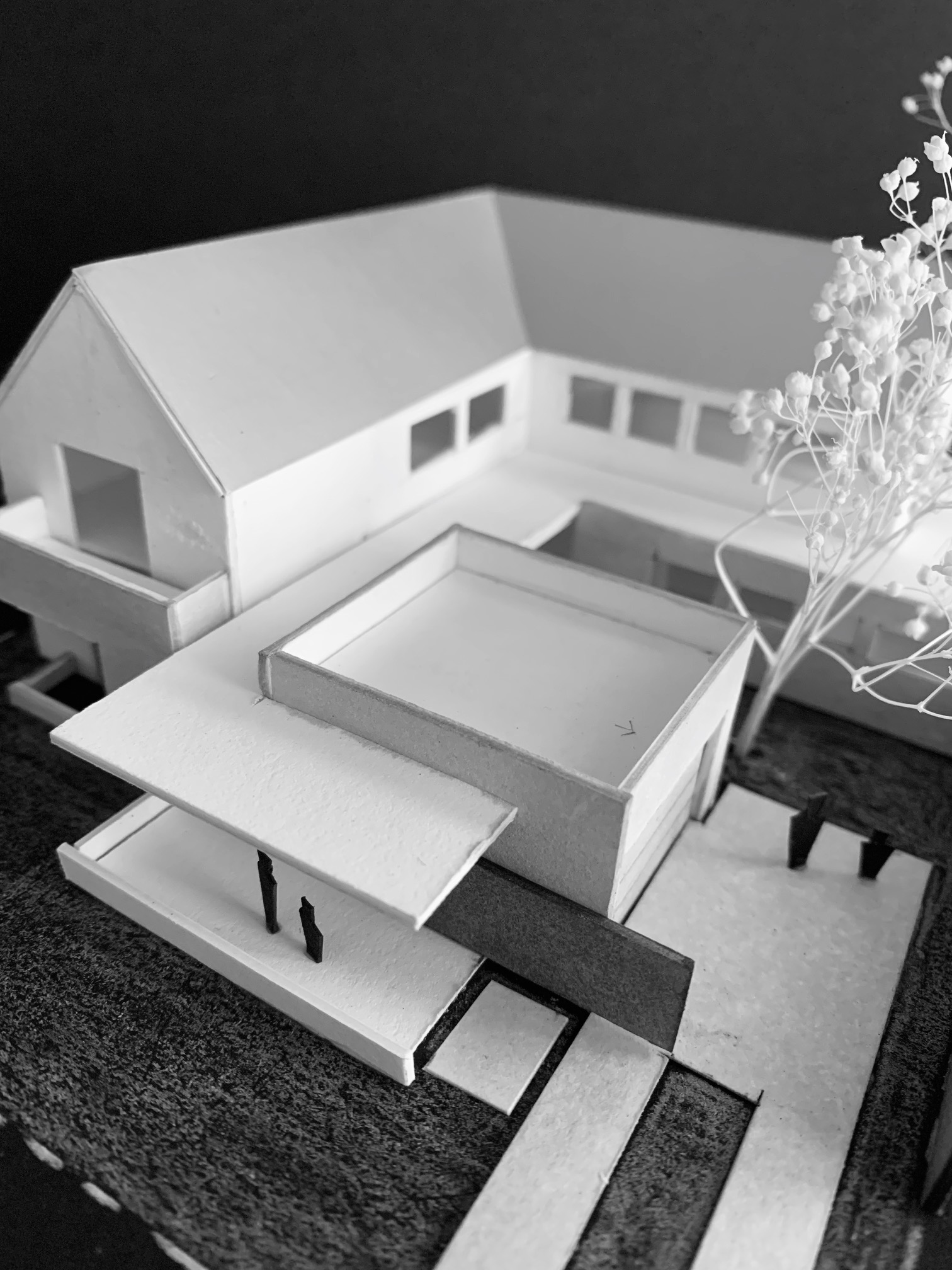 A model of the house is shown in black and white.