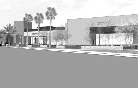 A black and white rendering of the exterior of a store.