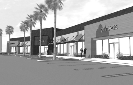 A black and white rendering of the exterior of a store.