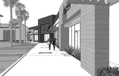 A black and white rendering of two people walking down the sidewalk.