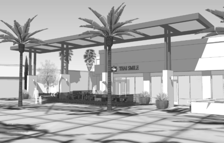 A black and white rendering of a building with palm trees.