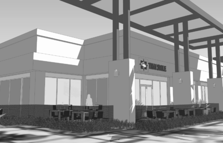 A black and white rendering of the outside of a restaurant.