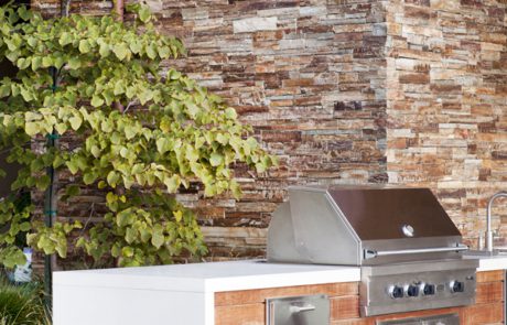 A grill and an outdoor kitchen with a tree in the background.